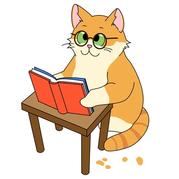 A cartoon-style cat with a fluffy coat, featuring a mix of orange and white fur, is sitting at a small wooden table. The cat has large, expressive green eyes and is wearing small round glasses perched on its nose. It is intently reading a colorful book that is open in front of it, with some pages slightly turned. The cat's paws are resting on the book, and a few scattered paw prints can be seen on the table. A cozy, warm light is illuminating the scene, creating a playful ambiance.