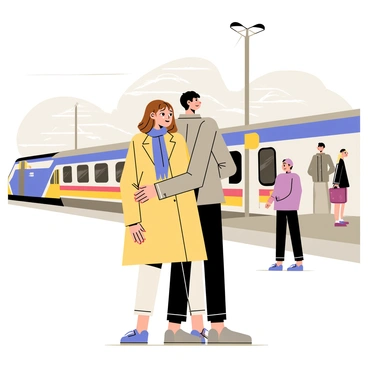 Two characters standing close together at a train station. One character is a young woman with long brown hair, wearing a light yellow coat and a blue scarf, tears streaming down her cheeks. The other character is a young man with short black hair, dressed in a gray jacket, holding her tightly. In the background, a train is pulling away, with a blur of colors representing its speed. People on the platform can be seen looking towards the couple, capturing the emotional moment of farewell. The scene is set under a gray sky, adding to the atmosphere of the moment.
