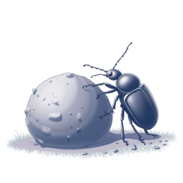A dung beetle is positioned upright, showcasing its glossy black exoskeleton. It stands next to an oversized ball of dung that it has skillfully rolled. The ball is textured and uneven, with small bits of foliage and earth embedded in its surface. The beetle's legs are firmly placed on the ground, and its antennae are extended as it surveys its accomplishment. The scene captures the determination and effort of the beetle in a natural environment, possibly set in a grassy area with hints of scattered soil.