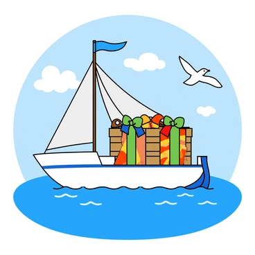 A medium-sized ship with a white hull and a blue sail is sailing across a bright blue ocean. The ship has a large wooden crate on its deck, prominently labeled with the word "Gifts" in bold, cheerful letters. The crate is covered with colorful ribbons and bows, suggesting it contains special items. There are small waves gently lapping against the ship's sides, and seagulls are flying overhead against a clear sky dotted with fluffy white clouds. The sun is shining brightly, casting reflections on the water's surface.