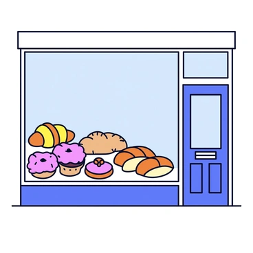 A bakery storefront with a large glass window. The window displays an array of colorful pastries and freshly baked breads. There are croissants, danishes, and eclairs arranged in an appealing manner. The breads include baguettes, loaves, and rolls, showcasing various textures. The bakery's entrance features a wooden door with a small sign that reads "Open." The overall scene is inviting and emphasizes the delicious offerings inside.