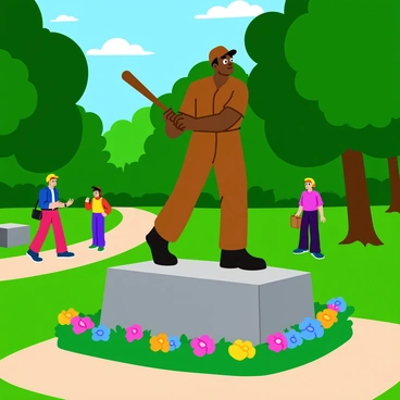 A bronze statue of "Jackie Robinson" is depicted in an action pose, showcasing him ready to swing a baseball bat. The statue captures fine details, such as his uniform and expression, conveying determination. It is placed prominently on a gray stone pedestal surrounded by lush green grass and colorful flowers in a park. Trees with full foliage create a pleasant backdrop, while a few visitors can be seen admiring the statue nearby. Sunlight casts gentle shadows, enhancing the texture of the bronze finish.