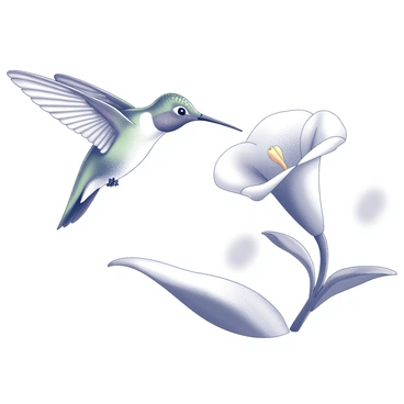 A hummingbird is positioned in mid-air, its wings blurred to indicate rapid movement. The bird has iridescent feathers, showcasing intricate patterns. It is extending its long, slender beak towards a trumpet-shaped blossom, which is detailed with open petals and a textured surface. The flower is prominent in the foreground, clearly showing its vibrant form. The background features soft, undefined shapes to suggest a natural environment, creating a sense of depth around the hovering bird and the bloom.