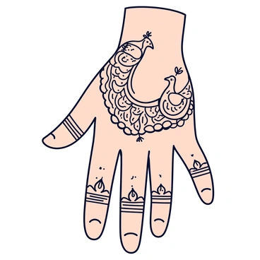 A hand with a henna design featuring intricate peacock motifs. The design covers the back of the hand, showcasing detailed peacocks with elaborate feathers and decorative patterns. The henna is rich and dark, emphasizing the fine lines and curves of the motifs. Surrounding the peacocks are smaller floral and geometric patterns that complement the main design. The fingers are adorned with delicate henna patterns that extend to the tips, enhancing the overall look.