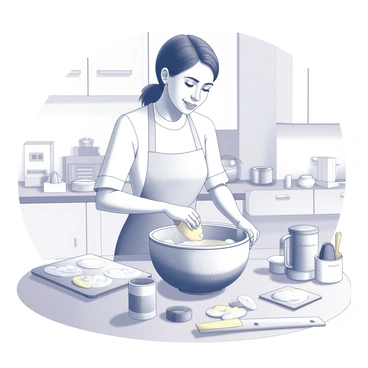 A baker is standing at a kitchen counter, mixing "tamarind paste" into a large mixing bowl. The baker is wearing a white apron and has flour dust on their hands. There are various baking tools around, including a wooden spoon and measuring cups. The bowl is filled with other ingredients such as flour, sugar, and butter, indicating the preparation for "tamarind cookies." A small container of "tamarind" sits nearby, and there are cookie sheets ready for baking. The kitchen has a cozy atmosphere, with cabinets and utensils arranged neatly in the background.
