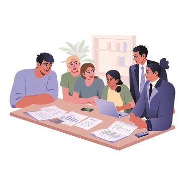 A family is seated at a table, discussing their financial future with a Bajaj Allianz advisor. The family consists of four members: a father with dark hair wearing a light blue shirt, a mother with light brown hair in a ponytail wearing a teal blouse, a teenage son with curly hair in a green t-shirt, and a young daughter with pigtails wearing a yellow dress. The advisor has short black hair and is wearing a navy suit with a white shirt and a patterned tie. On the table, there are financial documents, a laptop displaying graphs, and a calculator. The background features a cozy living room with a bookshelf and a potted plant. The atmosphere is focused and collaborative, reflecting the family's engagement in their financial planning.