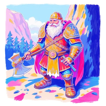 A dwarf named Gimli is standing proudly, showcasing his ornate dwarven armor that features intricate engravings and embellishments. His stature is robust and muscular, highlighting the craftsmanship of the armor. He is gripping a large axe firmly in his hand, with the blade gleaming under the light. The expression on his face is one of confidence and determination. The background suggests a rugged terrain, with rocky outcrops and a hint of a forest in the distance.