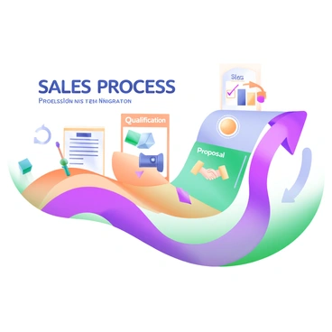 A modern pastel illustration depicting a "Sales Process" pipeline. The pipeline consists of several distinct stages, each represented by a separate section labeled with clear titles like "Lead Generation," "Qualification," "Proposal," and "Closing." Each stage is filled with icons and visuals that symbolize the activities within that stage, such as a person with a checklist for "Qualification" and a handshake for "Closing." The pipeline is designed with smooth curves and vibrant pastel colors, emphasizing the flow from one stage to the next, and includes arrows to indicate progression.