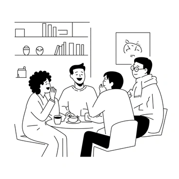 A group of three friends is seated at a small, round table in a cozy coffee shop. One friend, a man with short hair and a casual sweater, is leaning forward with a wide smile while talking animatedly. The second friend, a woman with curly hair wearing a light jacket, is laughing and covering her mouth with her hand. The third friend, a man with glasses and a scarf, is seated back in his chair, chuckling and looking at the other two. Cups of coffee are placed on the table, along with a small plate of pastries. The walls of the coffee shop are adorned with shelves filled with books and art.