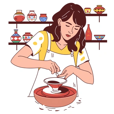 A potter with brown hair is shaping a piece of clay on a spinning wheel. The potter's focused expression reflects concentration as the clay begins to take form into a traditional Hispanic pottery piece. Colorful designs are painted on the pottery, showcasing vibrant patterns typical of Hispanic art. The potter is wearing a white apron, and a small tool is held in their hand, assisting in the intricate detailing. Behind the potter, there are shelves lined with finished pottery pieces in various shapes and sizes, each displaying unique artistic designs.