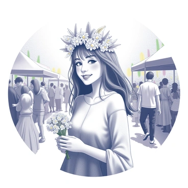 A woman with an expressive smile stands amidst a lively spring festival. She is wearing a large flower crown adorned with various flowers, which rests atop her long hair. Her clothing is light and festive, with flowing fabrics that suggest movement. Surrounding her are colorful decorations and other festival-goers, creating a bustling atmosphere filled with joy and celebration. In her hands, she holds a small bouquet of flowers, further enhancing her cheerful demeanor. The scene conveys a sense of community and the joy of the season.