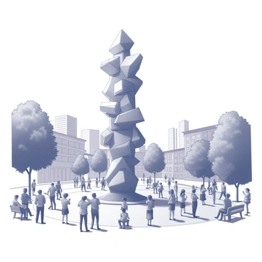 A city square bustling with activity. In the center, there is a large public sculpture that towers over the surrounding area. The sculpture is intricately designed, composed entirely of recycled plastic materials, showcasing a variety of shapes and forms. People of different ages and backgrounds are gathered around the sculpture, some taking pictures while others are engaged in conversation. The square is surrounded by buildings, and there are trees providing a bit of greenery amidst the urban setting. Benches are placed nearby, where visitors can sit and appreciate the artwork.