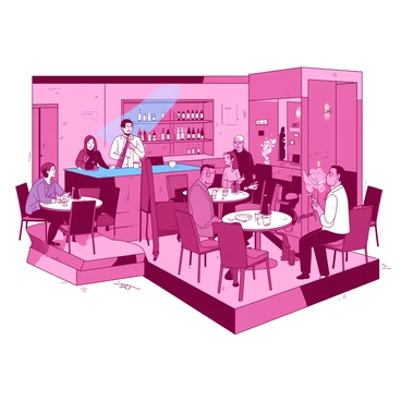 A warm pink jazz cafe is bustling with people enjoying the live music. The interior features wooden tables and chairs arranged closely together, creating an intimate setting. A small stage is visible at the front, where a musician is playing a saxophone. A blue spotlight shines down on the performer, highlighting the scene. In the background, there is a bar with various bottles of drinks, and patrons are engaged in conversation, some swaying gently to the rhythm of the music. Several people have drinks in hand, and the ambiance is enhanced by the soft glow of candles on each table.