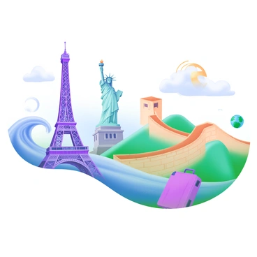 A travel muster featuring iconic landmarks like the Eiffel Tower, Statue of Liberty, and Great Wall of China
