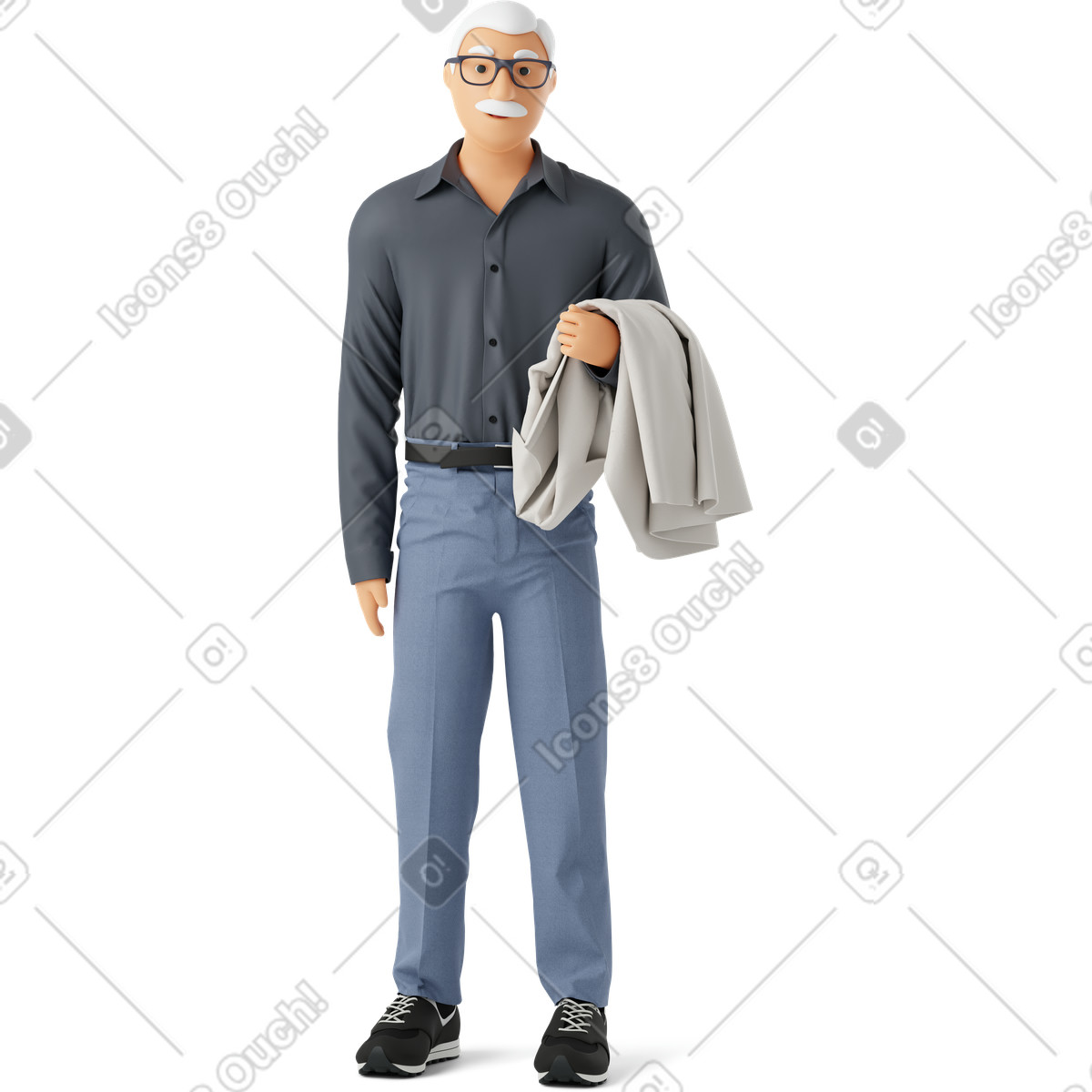 Illustration Vieil homme debout avec un manteau à portée de main dans le style 3D Business télécharger aux formats PNG, SVG