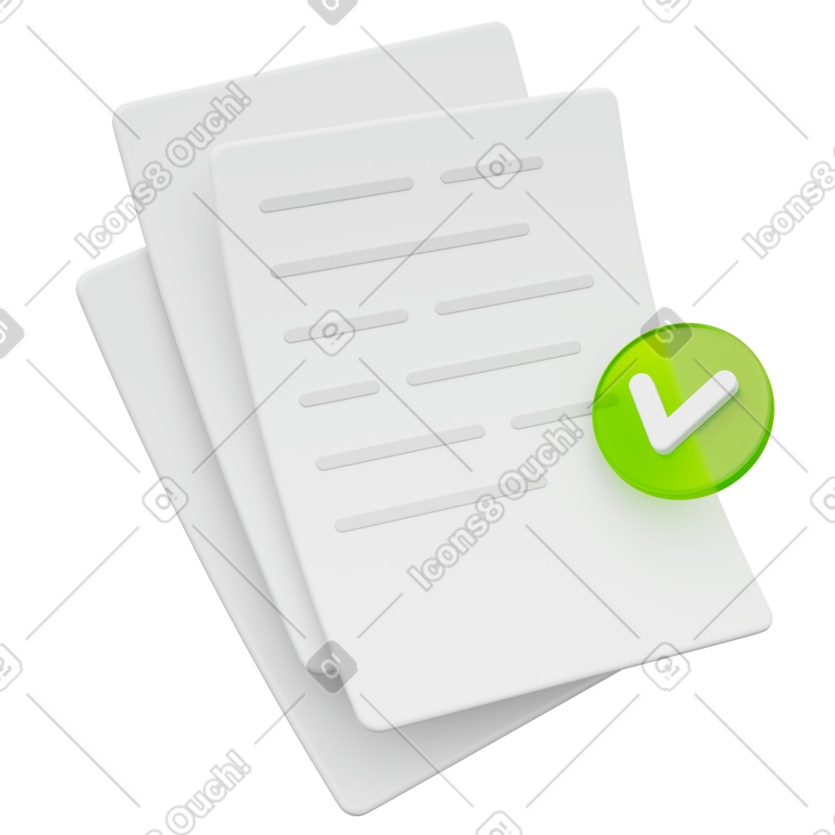Ilustração de Document approval icon showing verified papers with green check mark em no estilo 3D Playful para baixar em PNG, SVG