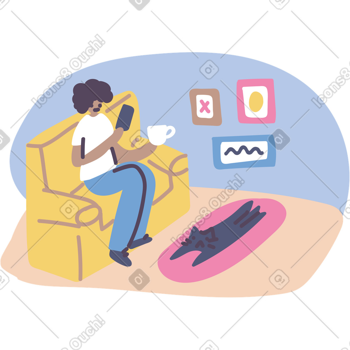 Using smartphone, coffee break illustration in Pluto style download in PNG, SVG