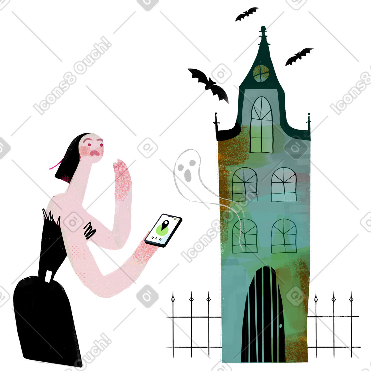 Woman with phone near spooky halloween castle illustration in Fabulous style download in PNG, SVG