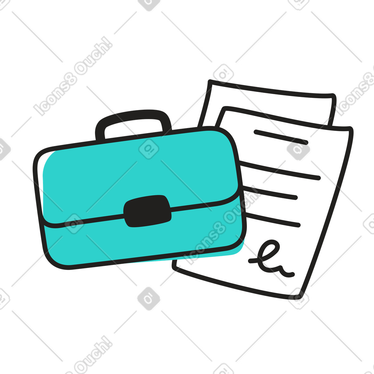Briefcase and signed legal papers illustration in PNG, SVG