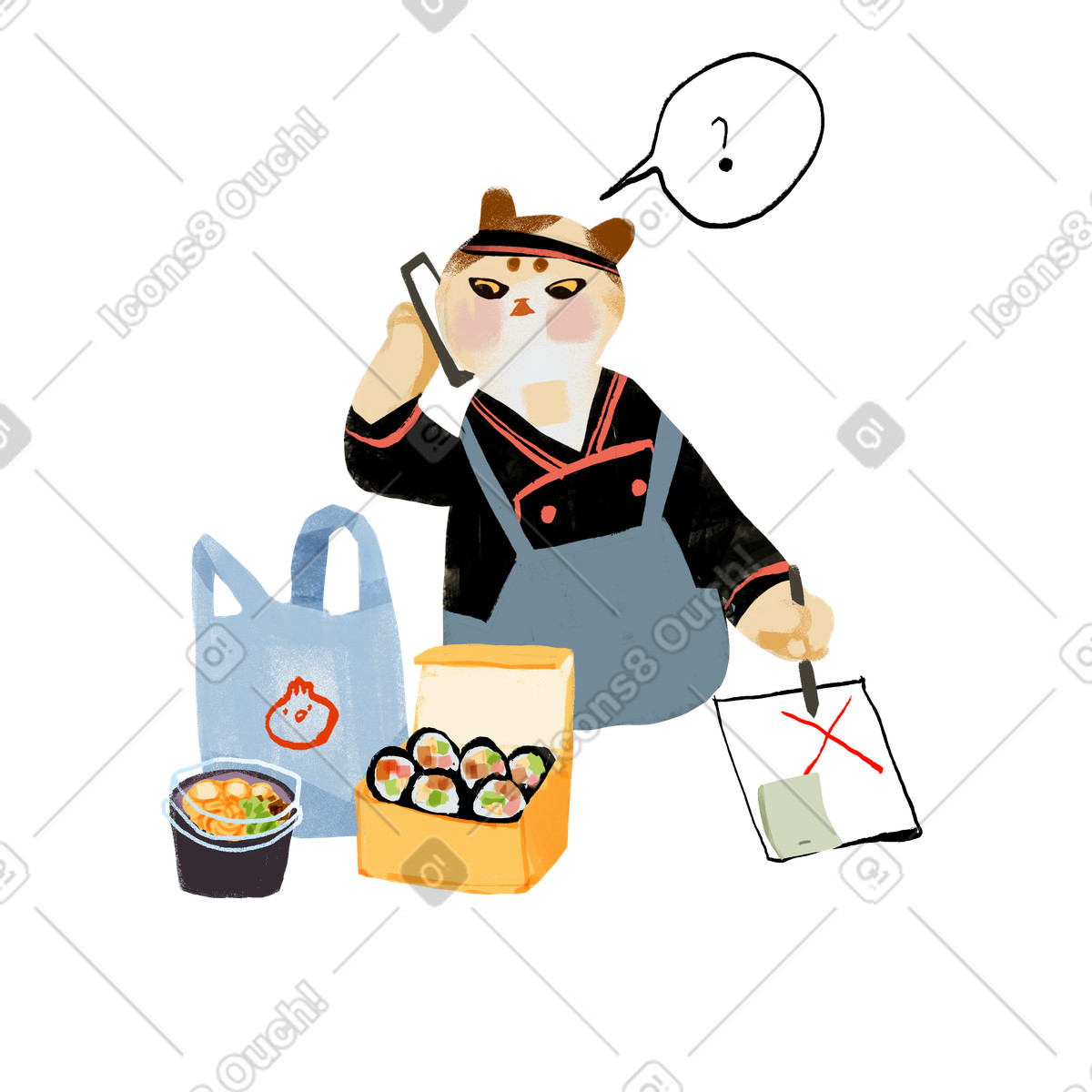 Ilustración Chef cat confirming order cancellation via phone call, Food delivery en estilo Ikigai a descargar en PNG y SVG