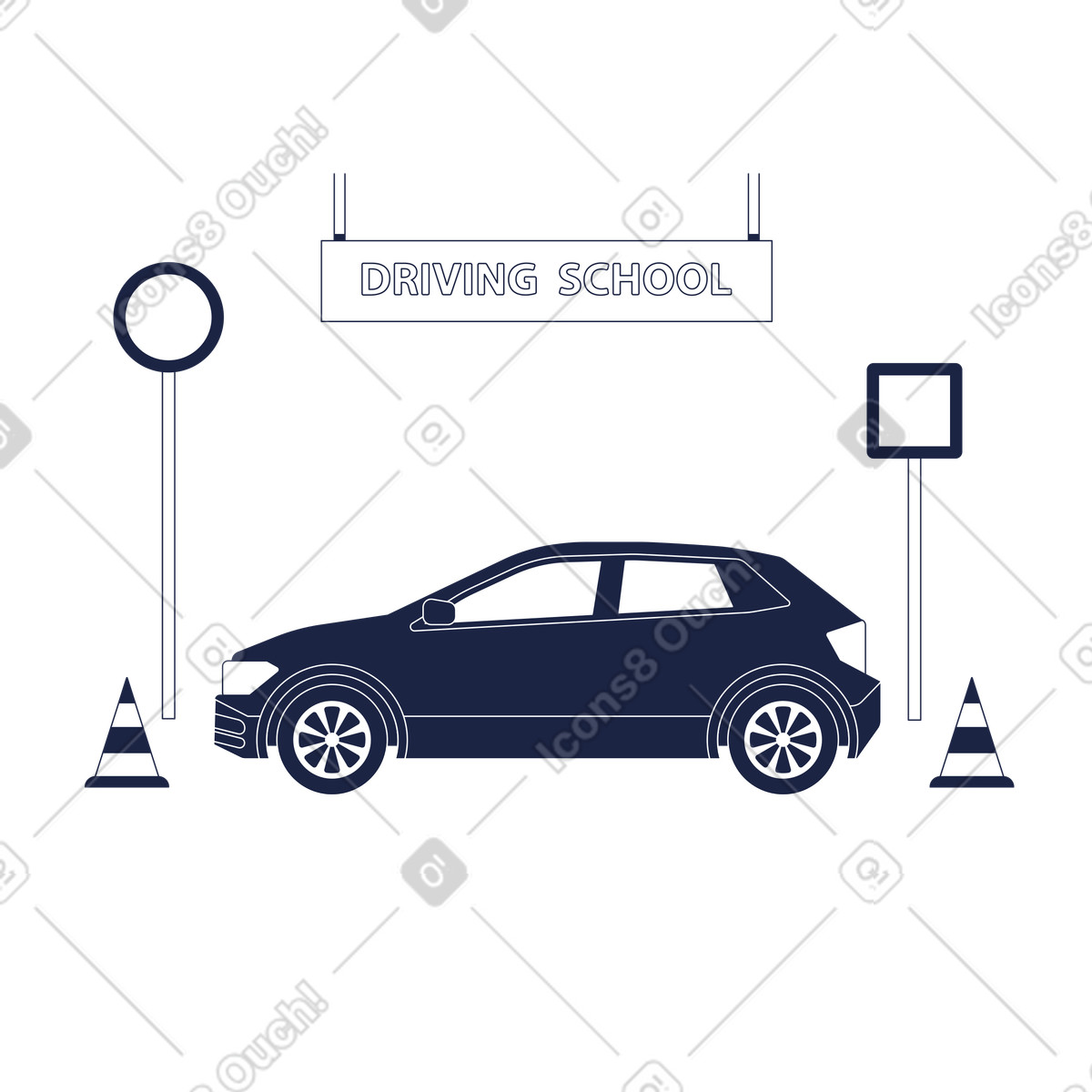 Passenger car on background of roadsigns and traffic cones, driving school sign illustration in Urban Line style download in PNG, SVG