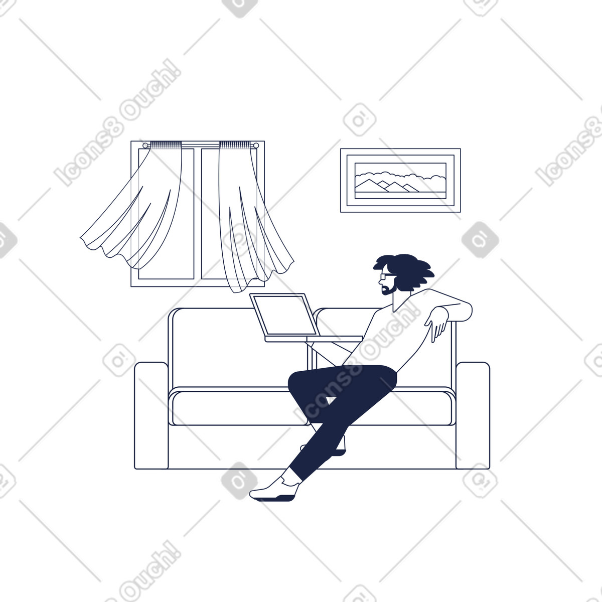 下载 Urban Line 风格的 Freelancer using laptop in living room, Remote home office 插画，支持 PNG、SVG 格式