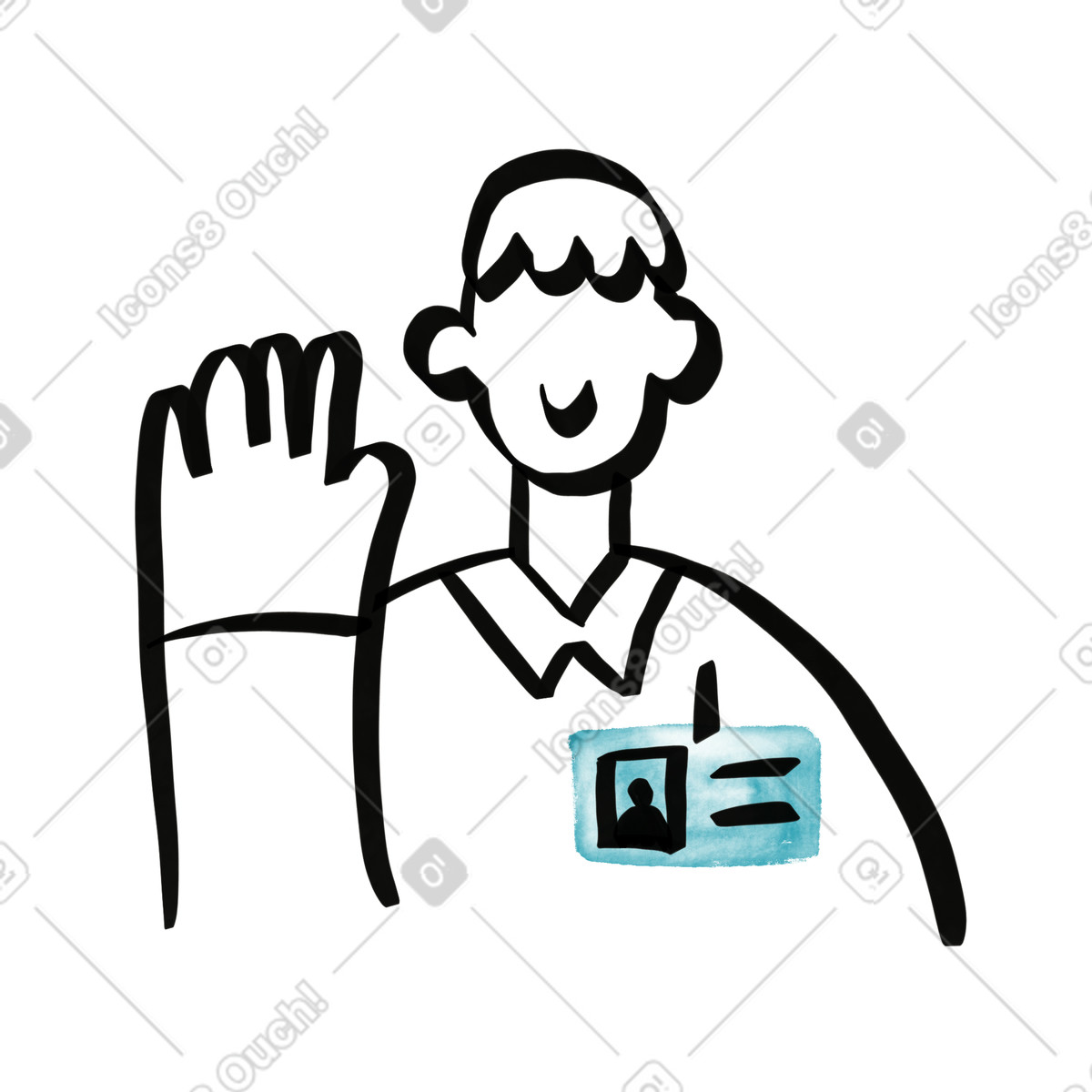 Employee id badge and raised hand greeting simple line drawing illustrazione in stile Watercolor sketch scarica in PNG, SVG