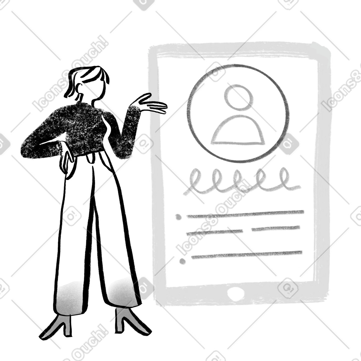 Illustration Personne rh noir et blanc regardant cv pour embauche dans le style Company à télécharger aux formats PNG, SVG
