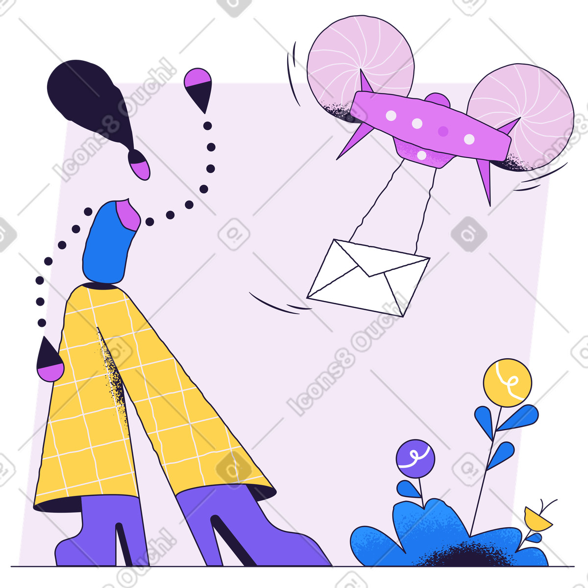 下载 Conifer 风格的 Receiving letter from flying drone, Smart delivery technology and modern communication 插画，支持 PNG、SVG 格式