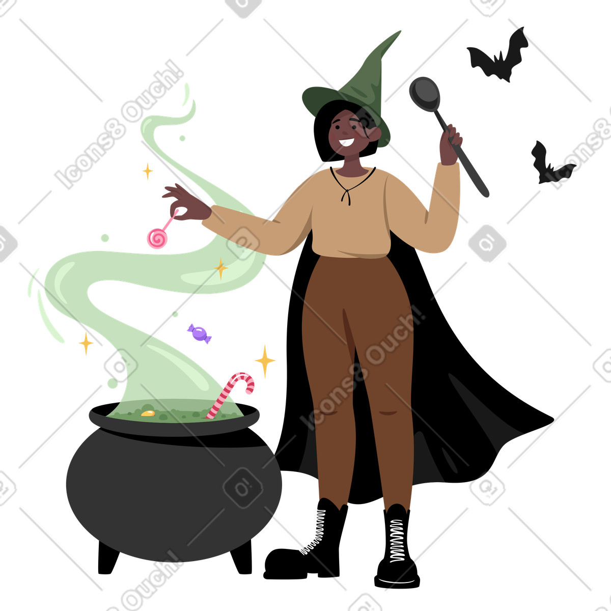 Illustration La sorcière prépare une potion dans un chaudron le style Lagom à télécharger aux formats PNG, SVG