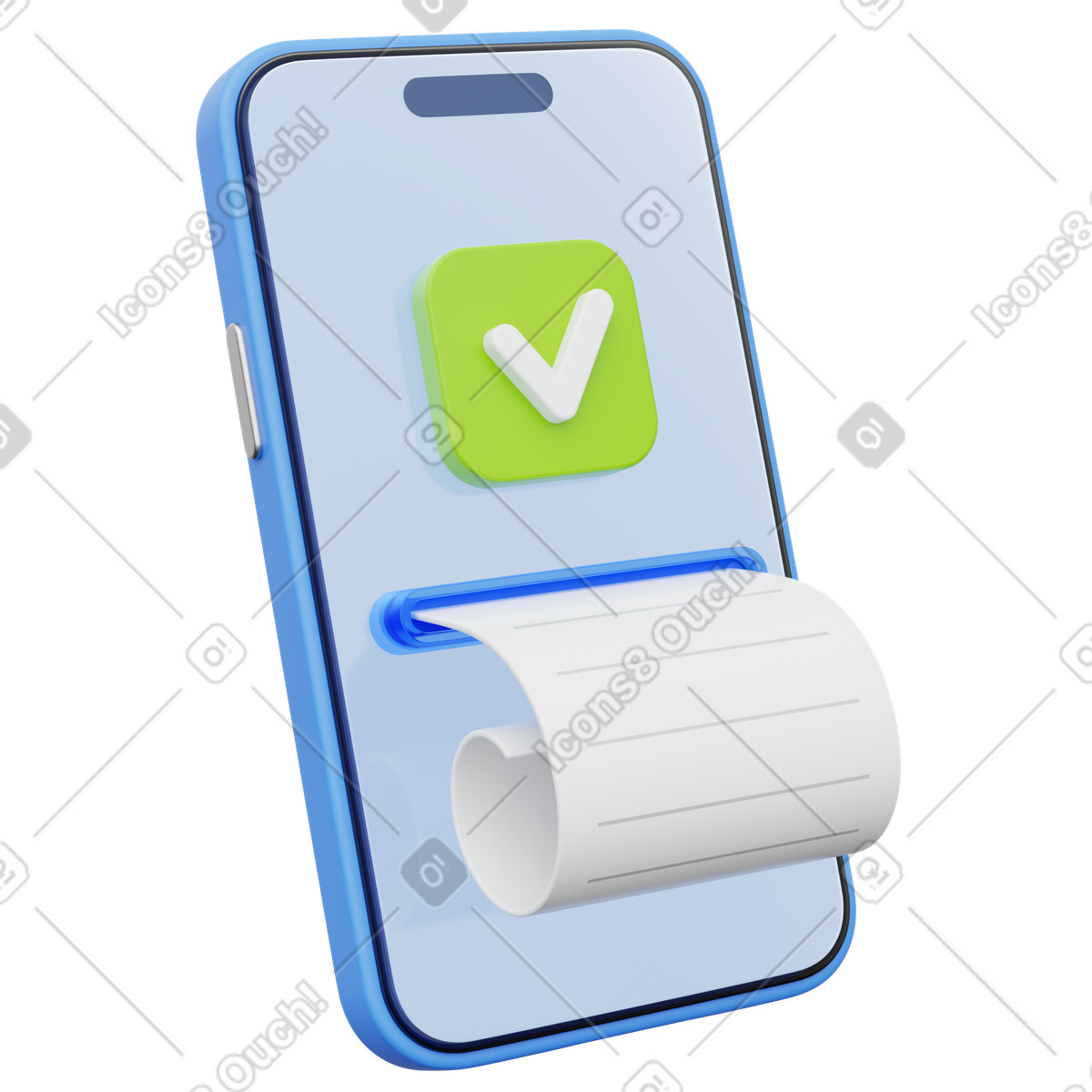 Ricevuta mobile riuscita, telefono con cartacea e moneta, conferma di fatturazione illustrazione in stile 3D Playful scarica in PNG, SVG