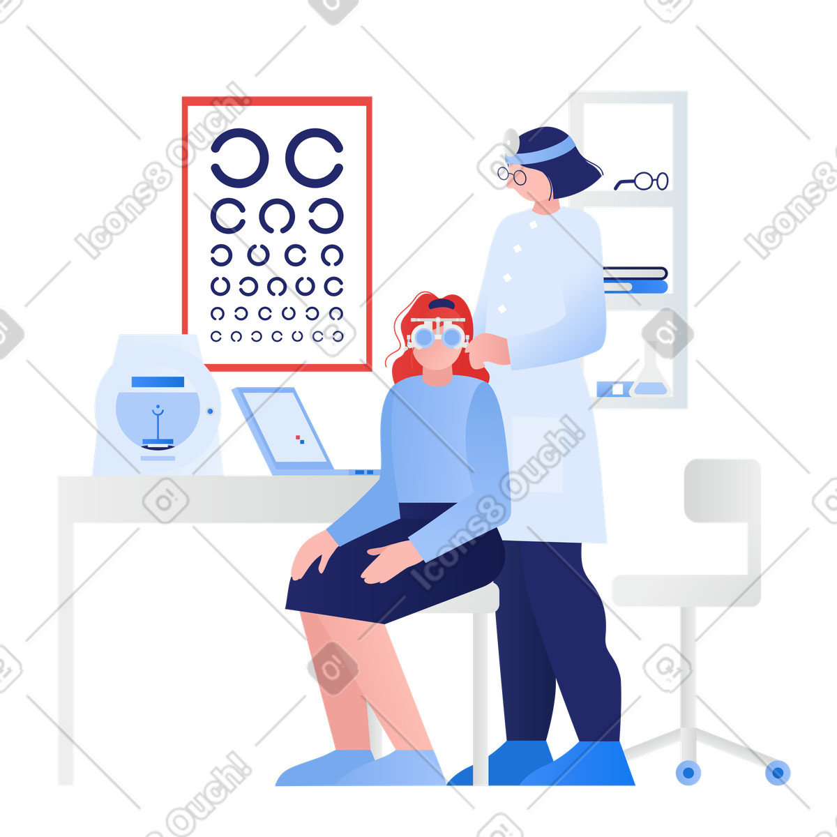 Illustration Femme examinée par un ophtalmologiste aux formats PNG et SVG
