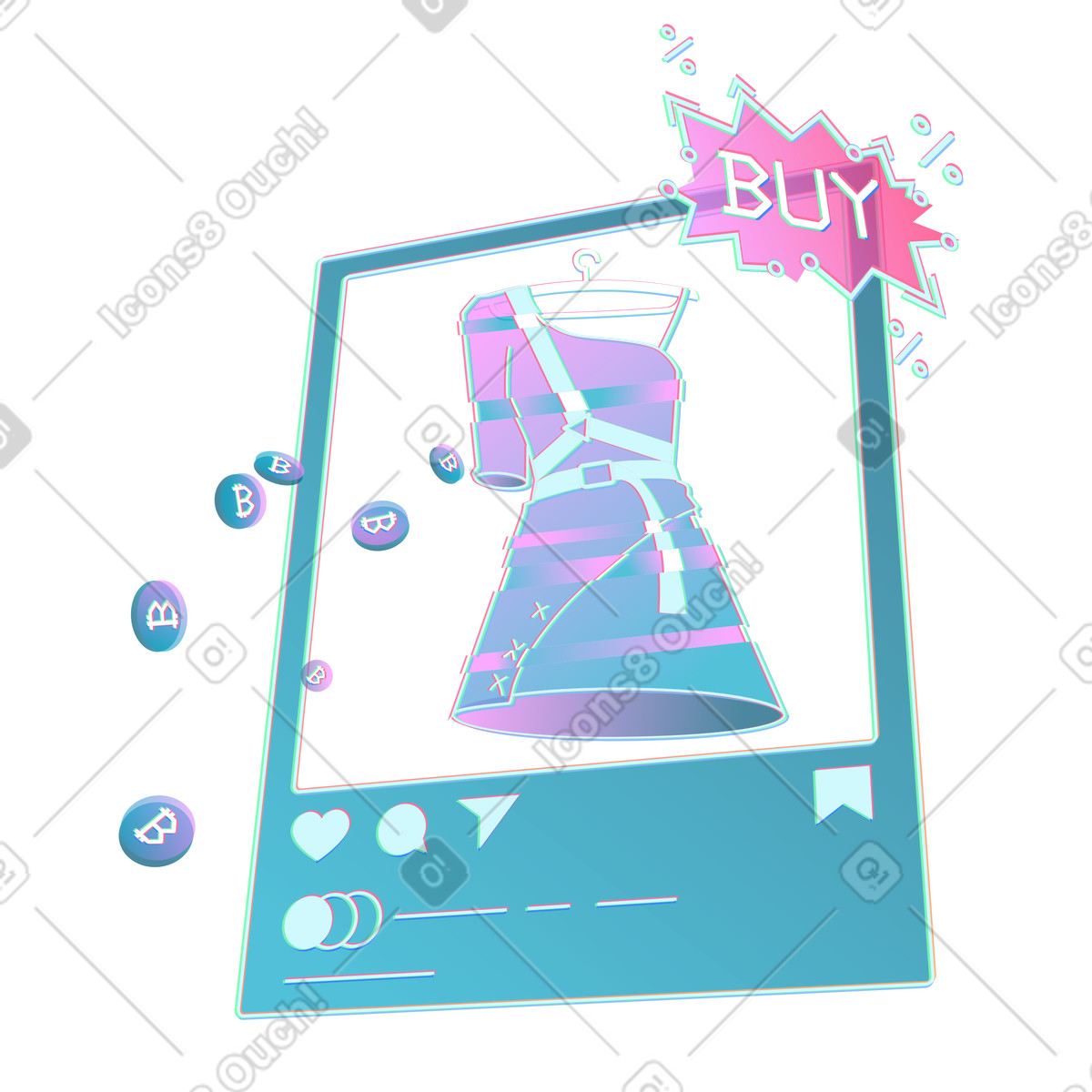 Trendy dress photo post with buy button, Influencer product promotion illustration in Neon style download in PNG, SVG