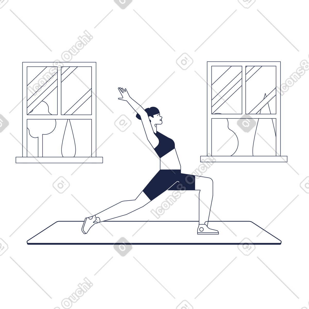 Ilustración Indoor yoga stretching on mat, Mindfulness and daily fitness en estilo Urban Line a descargar en PNG y SVG