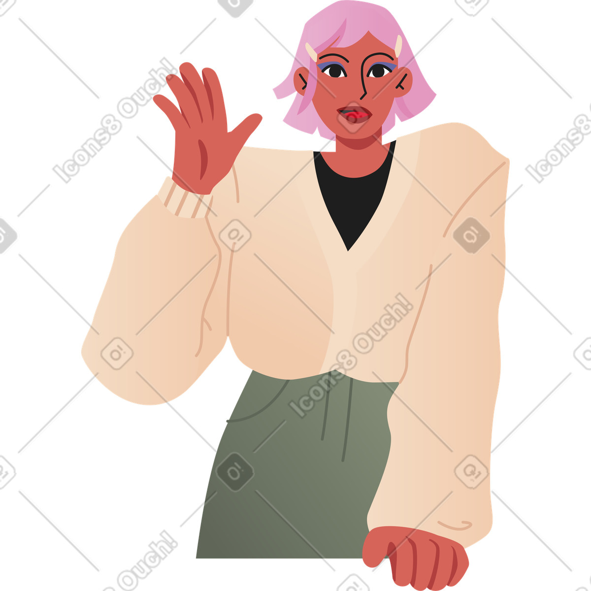 Coworking スタイルの 手を振る若い女性 のイラストをPNG、SVG形式でダウンロード