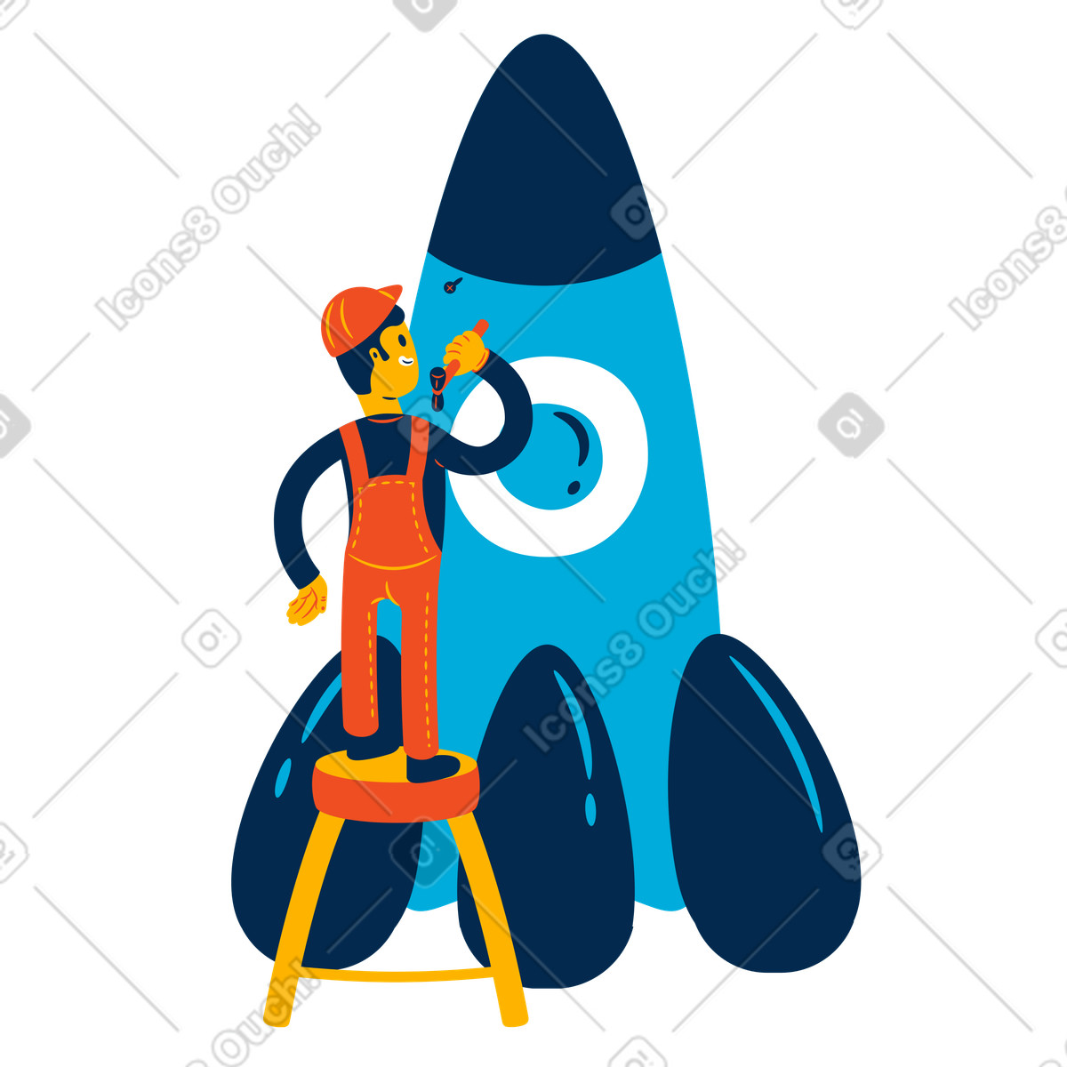Rocket maintenance with a handyman illustration in Flame style download in PNG, SVG