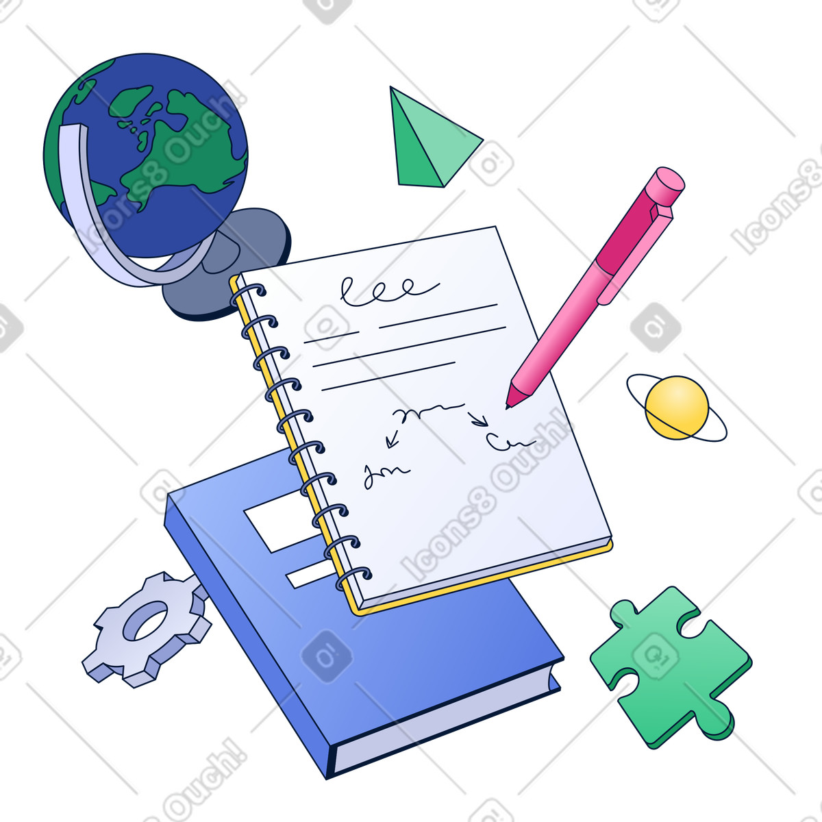 Educational supplies with globe and puzzle piece illustration knowledge clipart in PNG, SVG, GIF