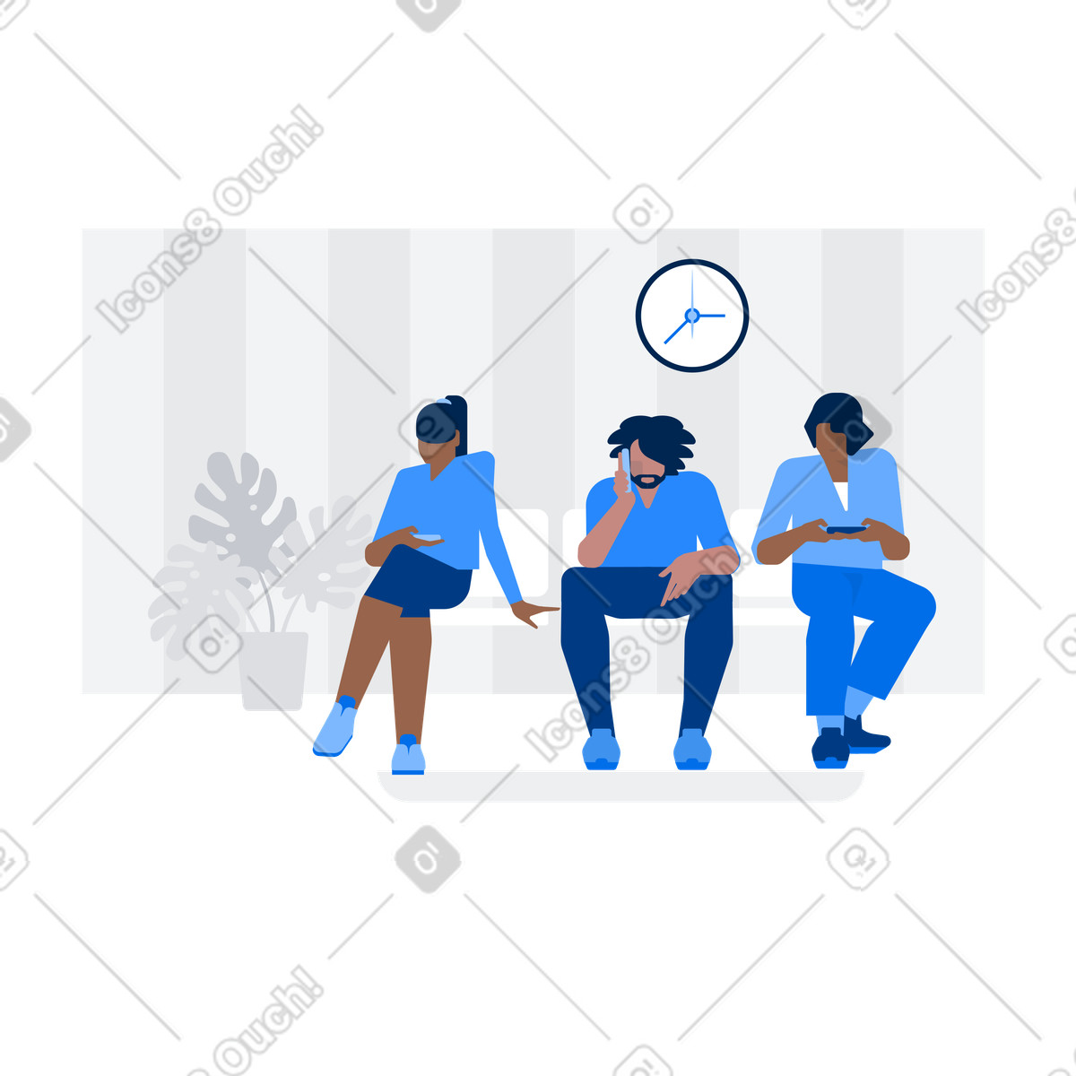 People using phones while waiting, Office reception or patient queue illustration in PNG, SVG