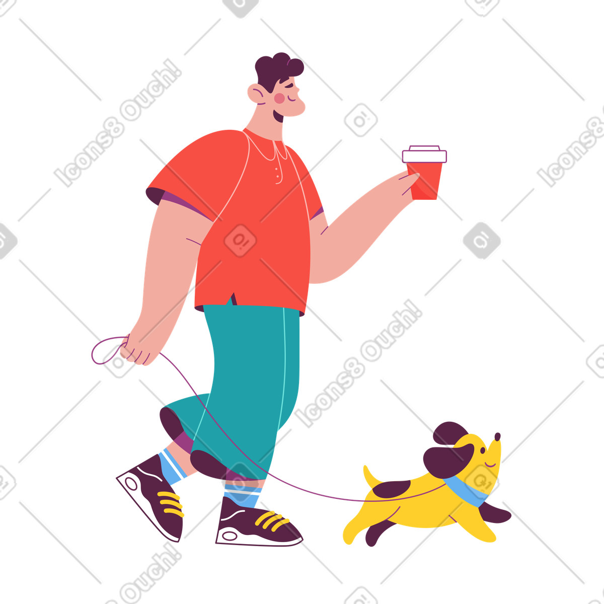 下载 Sammy 风格的 Urban walker with dog on leash and drink, Daily habits outdoor activity 插画，支持 PNG、SVG 格式