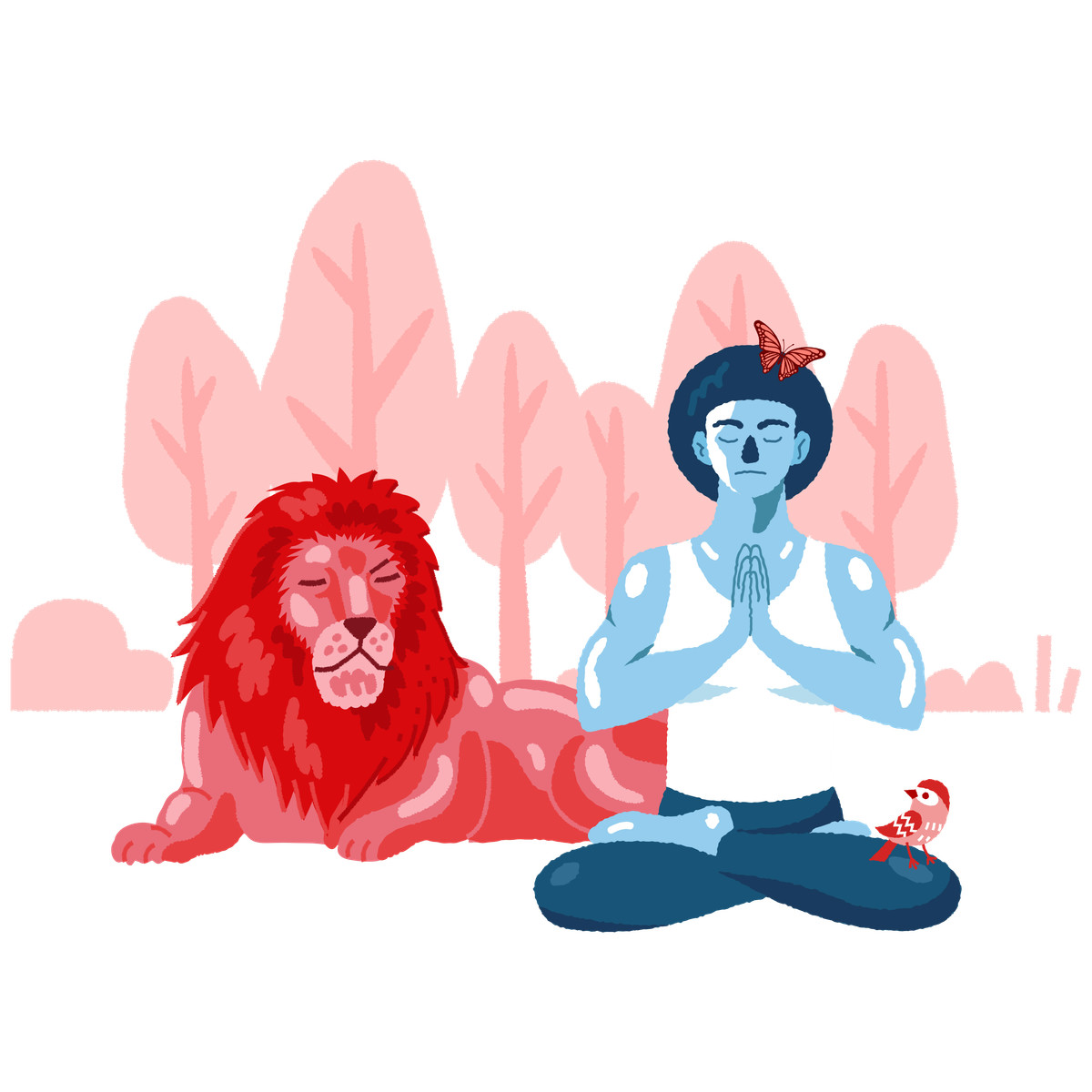 Cherry スタイルの Peaceful meditation with lion, bird, and butterfly, Mindfulness harmony nature のイラストをPNG、SVG形式でダウンロード