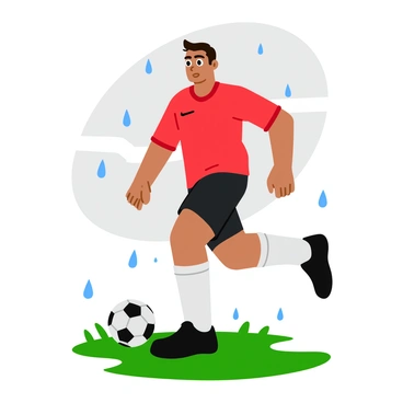 Cristiano Ronaldo wearing a red soccer jersey and black shorts is playing soccer on a wet field in pouring rain. Water droplets are visibly splashing around him as he kicks a black and white soccer ball. His hair is soaked, and his jersey clings to his body, emphasizing his muscular physique. The sky is overcast with gray clouds, and puddles are forming on the grass under his feet. Despite the rain, his expression is focused and determined as he sprints forward, showcasing his athletic prowess.