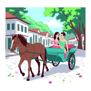 A teal kalesa is being pulled by a brown horse along a cobblestone street lined with lush green trees and colonial-style buildings. Inside the kalesa, a couple dressed in elegant classic Filipiniana attire is seated close together, smiling at each other. The woman's dress features intricate embroidery with a flowing skirt, while the man wears a barong Tagalog. Soft sunlight filters through the branches of the trees, casting gentle light on the romantic scene. Flowers in vibrant colors are scattered along the street, enhancing the picturesque atmosphere.