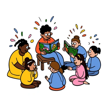 A group of people gathered around a storyteller, captivated by illustrated tales coming to life.