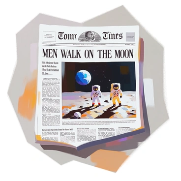 A front page of a vintage newspaper featuring a significant historic event. The bold headline reads "Men Walk on the Moon" in large, uppercase font, capturing the momentous occasion. Below the headline, an illustration depicts astronauts in space suits taking their first steps on the lunar surface, with the Earth visible in the background. Text boxes provide details about the mission, including the date and names of the astronauts, arranged in a classic column format. The newspaper's borders are ornate, with decorative elements that evoke the style of early 20th-century printing.