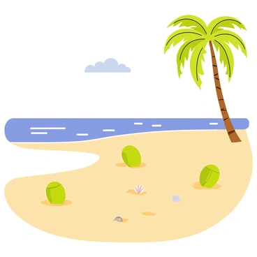 A sandy beach scene featuring golden sand with several green coconuts scattered across the surface. In the background, tall palm trees with lush green fronds are swaying gently in the breeze. The sky above is a bright blue with a few fluffy white clouds. Some seashells are partially buried in the sand, adding detail to the beach. The waves are gently lapping at the shore, creating a peaceful coastal atmosphere.