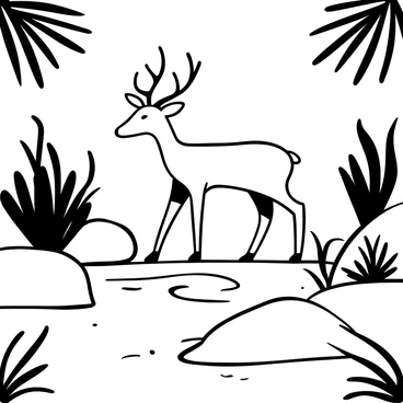 A roe deer with slender legs is cautiously crossing a shallow river, stepping delicately on the smooth stones. The water is flowing gently around its legs, creating ripples that extend outward. The surface of the river is reflecting light, creating a sparkling effect as it catches the sun. Surrounding the river are lush green plants and tall grasses bending slightly with the breeze. In the background, there are trees and ferns framing the scene, adding depth to the natural environment.