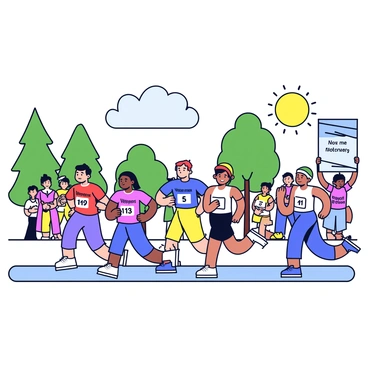 A community race event in a park setting. Participants in colorful athletic wear are running along a marked path. Some runners are wearing shirts with slogans that say "Support Our Veterans" and others have numbers pinned to their chests. A small crowd of spectators is cheering along the sidelines, holding banners with supportive messages. Trees are visible in the background, and a bright sun is shining down on the scene.