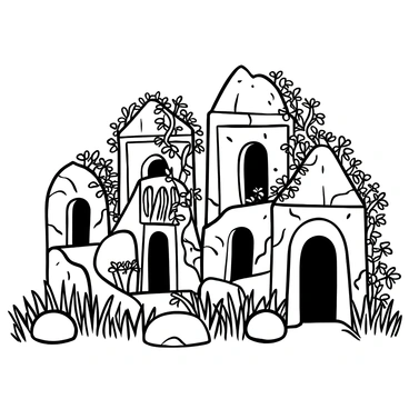 A series of ancient stone structures with crumbling walls and intricate carvings, partially obscured by dense, creeping vines. The ruins are set against a backdrop of tall, overgrown grass and scattered boulders. Shadows play across the surfaces of the stones, enhancing the feeling of age and mystery. Some vines dangle down from the upper sections of the ruins, intertwining with the architecture. Ferns and small plants are visible among the cracks and crevices of the stone, adding to the organic feel of the scene. The atmosphere conveys a sense of forgotten history and nature reclaiming its space.