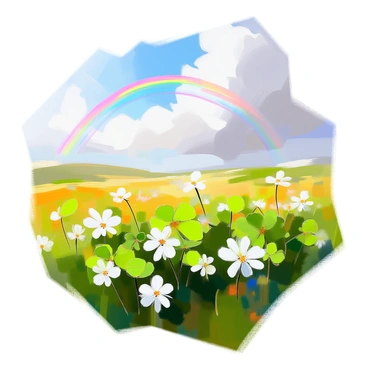 A lush green field is filled with vibrant clovers, their round leaves abundant across the landscape. The clovers create a rich carpet of green, dotted with delicate white flowers. In the sky above, a subtle hint of a rainbow arcs gracefully, its colors softly blending into the blue background. The sunlight filters through scattered clouds, illuminating the scene and enhancing the vividness of the greens and the rainbow's hues.