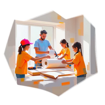 A family is engaged in a home improvement project, adding insulation to their house. The father, with short dark hair and wearing a blue t-shirt, is holding a roll of insulation material, while the mother, with long brown hair tied back, is cutting another roll with scissors. Two children, a boy and a girl, are helping by handing them pieces of insulation. The boy, with curly hair, is wearing a red cap and the girl, with braided hair, is wearing a yellow shirt. The family's teamwork is evident as they work together, surrounded by tools and materials in a well-lit room.